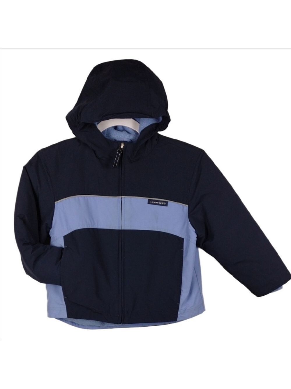 Land's End Boy's Navy Light Blue Hooded Zip Front Long Sleeve Nylon Winter Coat